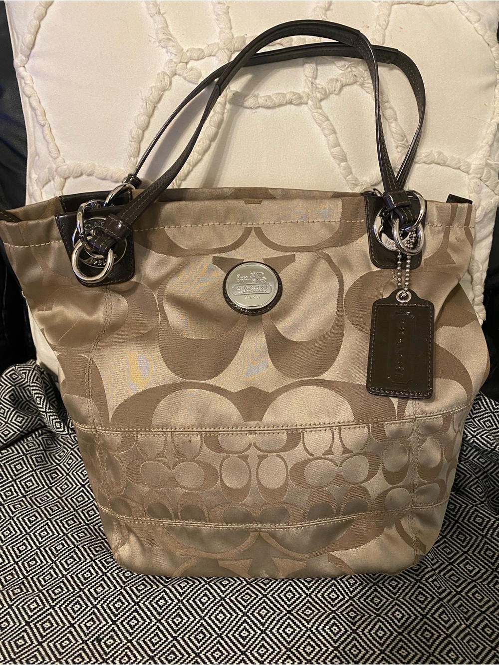 Coach Beige Signature Tote with Dark Brown Leather Trim